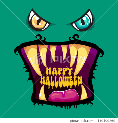 Funny zombie character vector illustration with big eyes and open mouth showing rotten teeth, Happy Halloween text inside, green skin, yellow letters, party invitation, poster, greeting card design 130100260