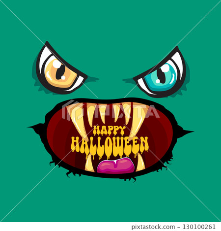 Funny zombie character vector illustration with big eyes and open mouth showing rotten teeth, Happy Halloween text inside, green skin, yellow letters, party invitation, poster, greeting card design 130100261