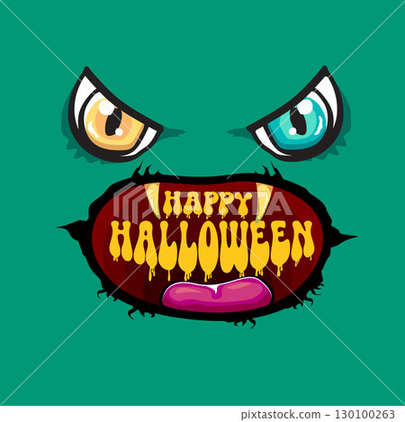 Funny zombie character vector illustration with big eyes and open mouth showing rotten teeth, Happy Halloween text inside, green skin, yellow letters, party invitation, poster, greeting card design 130100263