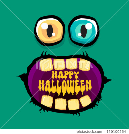 Funny zombie character vector illustration with big eyes and open mouth showing rotten teeth, Happy Halloween text inside, green skin, yellow letters, party invitation, poster, greeting card design 130100264