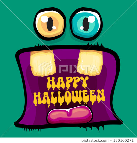 Funny zombie character vector illustration with big eyes and open mouth showing rotten teeth, Happy Halloween text inside, green skin, yellow letters, party invitation, poster, greeting card design 130100271
