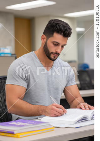 Student smiling while taking notes in a bright and modern study space 130100316