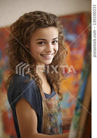 Young artist smiling while painting in a vibrant studio filled with colorful artwork 130100333