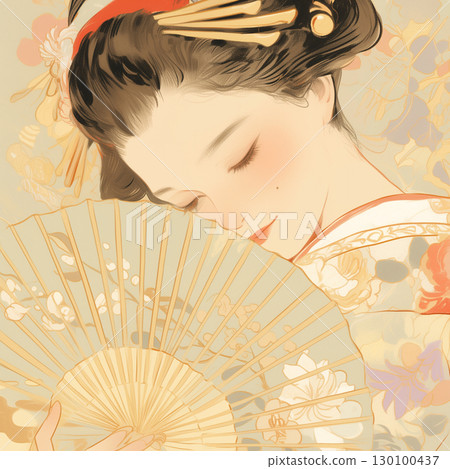 An elegant Japanese-style wallpaper illustration. The design features a smiling woman, with soft colors and a calm atmosphere. 130100437