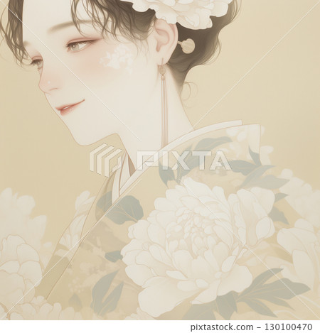 日式壁紙插畫，描繪出微笑的女人。柔和的色彩與精緻的設計相得益彰，展現了日本文化的優雅。藝術感十足 130100470