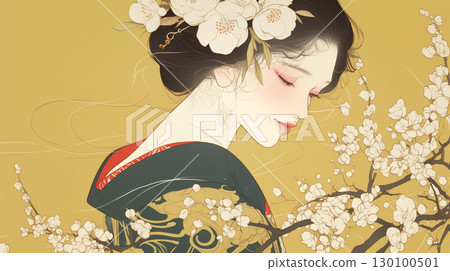 A wallpaper illustration with the delicate beauty of Japanese patterns. An elegant design depicting a smiling woman in calm colors. 130100501