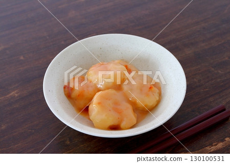 Shrimp mayo on the table background 130100531