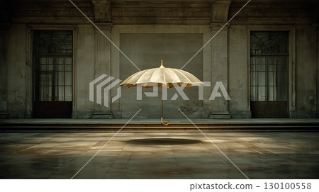 A fantastical scene of golden umbrellas shining in spotlights floating in the air in front of a historic stone building. 130100558