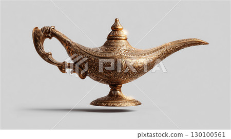 An antique gold magic lamp with detailed engravings floating on a white background. 130100561