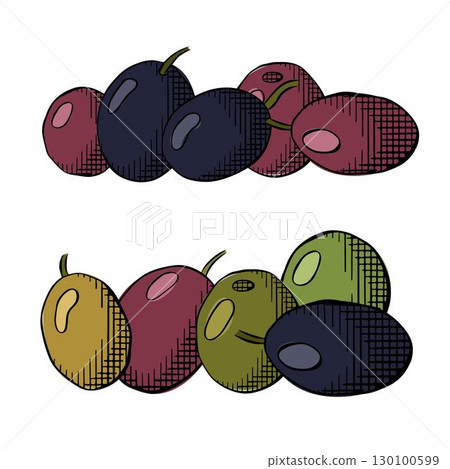 Olive berry composition colored. Vector graphic line ink illustration. Sketch hand drawn olives set. Banner, poster, wrapping paper, sticker, print, modern textile design. Olive berry composition colored. Vector graphic line ink illustration. Sketch hand drawn olives set. Banner, poster, wrapping paper, sticker, print, modern textile design. 130100599
