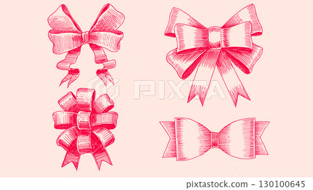 Ribbon gift bow in hand drawn, engraving style. Collection of decorative holiday elements for 130100645