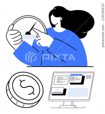 Businesswoman sets speedometer, coin symbol, digital dashboard displaying charts and messages. Ideal for productivity, finance management, time tracking, business performance, digital marketing 130100819