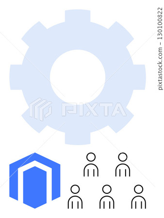 Gear cog group of six simplified people, and a blue shield structure. Ideal for teamwork, collaboration, productivity, industry, automation, security, technology. Line metaphor 130100822