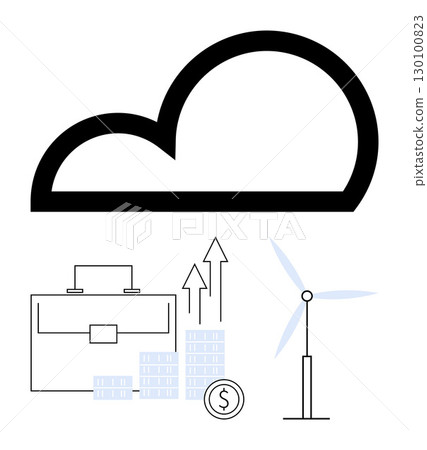 Cloud icon above briefcase, ascending charts, stacked coins, and wind turbine. Ideal for business innovation, green energy, digital growth, eco-investment, financial progress cloud computing 130100823
