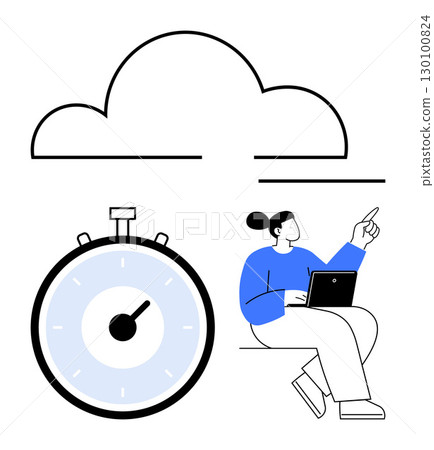 Cloud above stopwatch below person using laptop and pointing. Ideal for productivity, technology, time management, cloud computing, remote work, data storage, online collaboration. Line metaphor Cloud above stopwatch below person using laptop and pointing. Ideal for productivity, technology, time management, cloud computing, remote work, data storage, online collaboration. Line metaphor 130100824