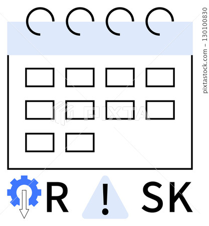 Calendar with a caution triangle between the letters R and SK and blue gear. Ideal for scheduling, risk planning, project management, deadlines, process improvement, strategy, reminders. Line Calendar with a caution triangle between the letters R and SK and blue gear. Ideal for scheduling, risk planning, project management, deadlines, process improvement, strategy, reminders. Line 130100830