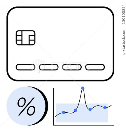 Credit card with EMV chip percentage symbol and line graph. Ideal for finance, banking, budgeting, investment, savings, interest rates, economic growth. Line metaphor 130100834
