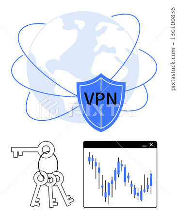 VPN shield in front of globe with connection lines, keys on a ring, analytics chart. Ideal for cybersecurity, network security, data protection, internet privacy, online security, secure access 130100836