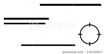 Black lines of varying lengths and thicknesses and a circular target symbol arranged on a plain background. Ideal for tech designs, business presentations, branding, logo creation, digital art Black lines of varying lengths and thicknesses and a circular target symbol arranged on a plain background. Ideal for tech designs, business presentations, branding, logo creation, digital art 130100837