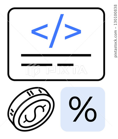 Coding symbols inside a window, coin with dollar sign, and percentage symbol represent the intersection of programming and finance. Ideal for technology, finance, startups, investments, fintech 130100838