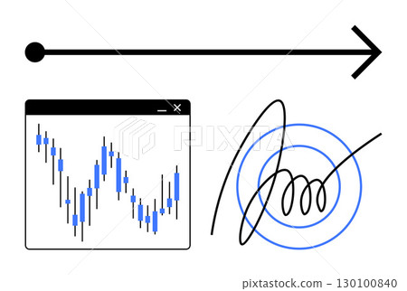 Data chart with fluctuating blue bars, signature swirling through concentric circles, and an arrow. Ideal for finance, analytics, digital signatures, progress tracking, direction, business strategy 130100840