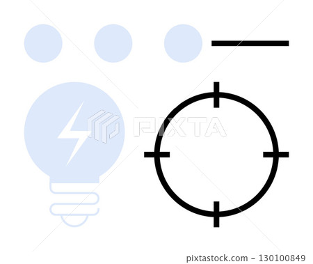 Light bulb with lightning, three dots, line, and crosshair target represent ideas, energy, focus, goals, and achievement. Ideal for innovation strategy planning precision problem-solving energy 130100849