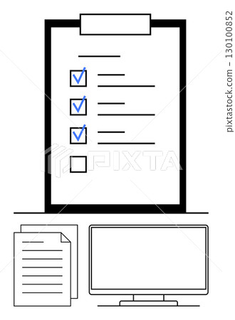 Digital checklist with marked tasks on a clipboard. Accompanied by blank checkbox, document pages, and computer monitor. Ideal for productivity tools, task management, office jobs, organization, goal 130100852