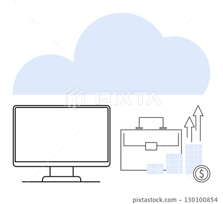 Computer monitor and business briefcase with financial growth arrows and money stacks under a blue cloud. Ideal for finance, business growth, investment, cloud services, data storage, financial 130100854