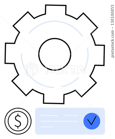 Gear icon, dollar coin, and check-marked document indicating business process optimization, financial approval, success. Ideal for business, finance, accounting, workflow, automation, approval Gear icon, dollar coin, and check-marked document indicating business process optimization, financial approval, success. Ideal for business, finance, accounting, workflow, automation, approval 130100855
