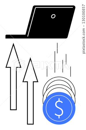 Laptop with upward arrows and falling coins indicating financial growth, success, and investment opportunities. Ideal for business strategy, finance, online trading, e-commerce, monetary success Laptop with upward arrows and falling coins indicating financial growth, success, and investment opportunities. Ideal for business strategy, finance, online trading, e-commerce, monetary success 130100857