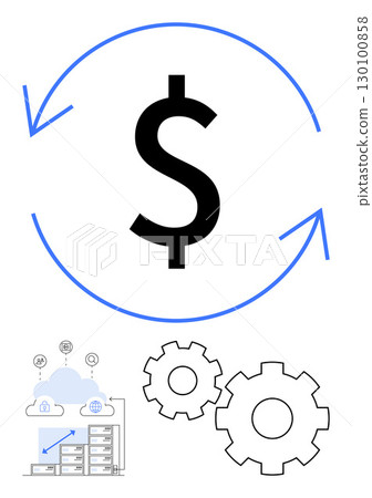Dollar sign surrounded by circular arrows symbolizes financial growth. Cluster of servers beneath cloud storage, icons, gears represent automation and technology. Ideal for business, finance Dollar sign surrounded by circular arrows symbolizes financial growth. Cluster of servers beneath cloud storage, icons, gears represent automation and technology. Ideal for business, finance 130100858