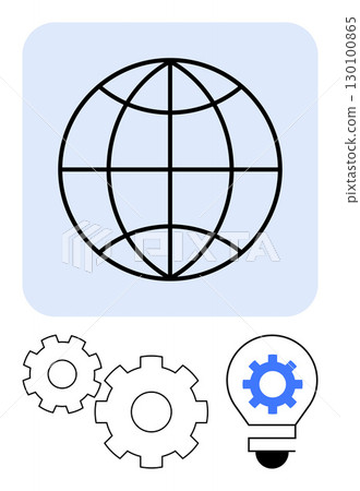 Globe representing global reach, interconnected gears symbolizing mechanical processes, and a light bulb with a gear indicating innovation. Ideal for technology, global business, engineering Globe representing global reach, interconnected gears symbolizing mechanical processes, and a light bulb with a gear indicating innovation. Ideal for technology, global business, engineering 130100865