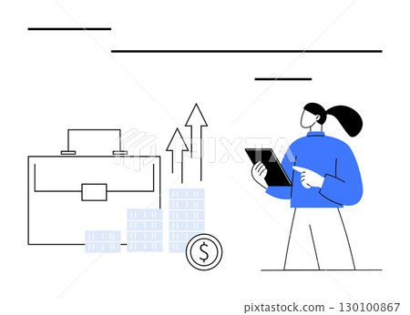 Woman holding a tablet, pointing at screen. Nearby, briefcase, ascending arrow graphs, stacks of coins, and dollar sign coin. Ideal for business finance investment growth analysis planning. Line 130100867