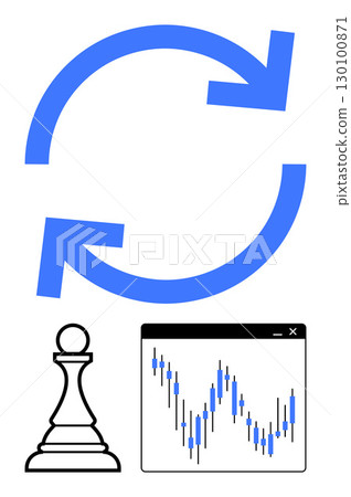 Blue refresh arrows, chess pawn, and financial candlestick chart window. Ideal for finance, strategy, investment, market analysis, continuous improvement business planning decision making. Line 130100871