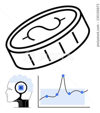 Depicting currency as coin AI brain and graph. Ideal for tech, finance, economics, future forecasts, AI impact, data analysis, investment. Line metaphor 130100873
