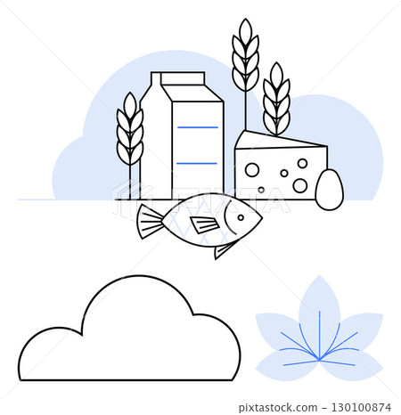 Fish, cheese, milk, wheat, egg with abstract cloud and flower. Ideal for nutrition, healthy eating, agriculture food industry diet plans wellness farm products. Line metaphor 130100874