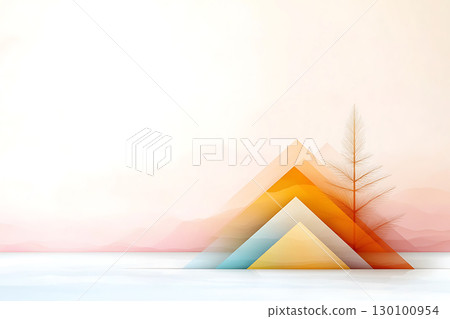 Abstract Landscape with Geometric Shapes and Minimalist Tree in Soft Color Palette 130100954
