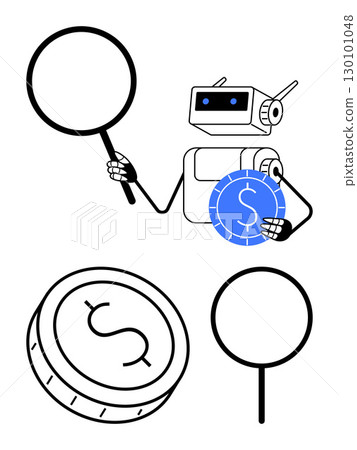 Robot holding magnifying glass and cryptocurrency coin, symbolizing financial analysis and technology. Ideal for fintech, investments, technology, innovation, digital currency, automation, business 130101048