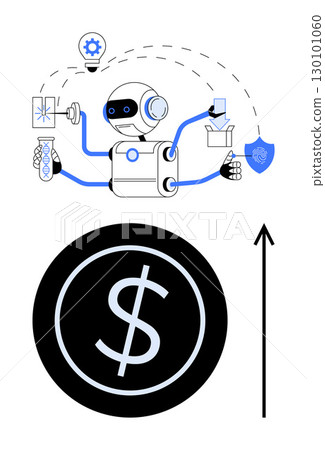 Robot with various tools symbolizing technology innovation, finance, and protection. Ideal for financial growth, automation, technology advancement, innovation, economic progress, business Robot with various tools symbolizing technology innovation, finance, and protection. Ideal for financial growth, automation, technology advancement, innovation, economic progress, business 130101060