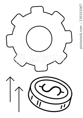 Gear with dollar coin and upward arrows representing economic growth, financial efficiency, and productivity. Ideal for finance, business strategy, economic development, marketing, investment growth 130101067