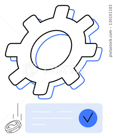 Large gear with a coin dropping next to a checkmark, representing efficiency and positive outcomes. Ideal for business, finance, technology, industry, automation, investments, and productivity Large gear with a coin dropping next to a checkmark, representing efficiency and positive outcomes. Ideal for business, finance, technology, industry, automation, investments, and productivity 130101183