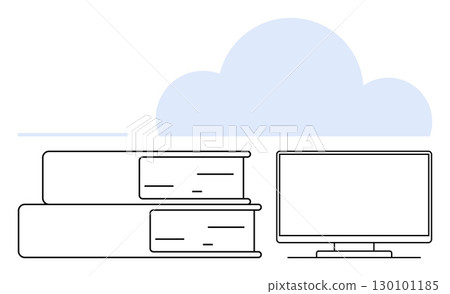 Books stacked beside a computer monitor, with a cloud in the background. Ideal for education, online learning, cloud storage, e-books, digital libraries, distance education tech integration. Line Books stacked beside a computer monitor, with a cloud in the background. Ideal for education, online learning, cloud storage, e-books, digital libraries, distance education tech integration. Line 130101185