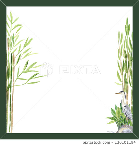 Bamboo plants and heron bird. Minimalist watercolor card template. Asian frame with space for text, perfect for invitations, greeting cards, wedding stationery, spa branding, posters, natural eco 130101194