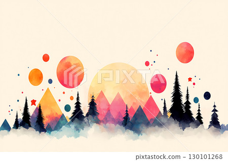 Vibrant Watercolor Landscape with Mountains, Sun, Planets, and Pine Trees in Pastel Colors 130101268