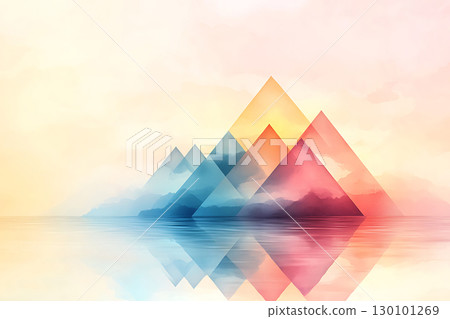 Abstract Mountain Landscape with Colorful Geometric Shapes and Reflection on Water Surface 130101269