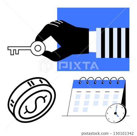 Gloved hand holding key, coin with dollar sign, calendar with clock. Ideal for finance, scheduling, time management, planning, investments business strategy and deadlines. Line metaphor 130101342