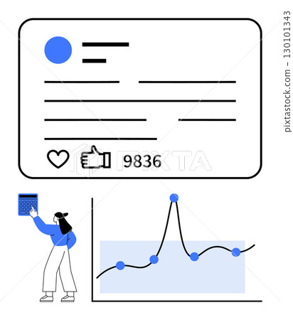 Social media card, user interacting with data on a tablet, line graph with nodes. Ideal for social media analysis, user engagement tracking, digital marketing insights, data interaction, trend 130101343
