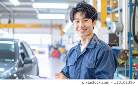 A young male mechanic smiling while holding a vehicle inspection document at a repair shop A young male mechanic smiling while holding a vehicle inspection document at a repair shop 130101390