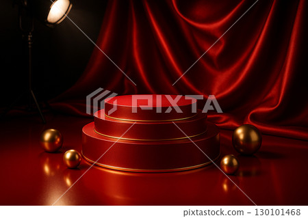 Red velvet curtains with circular podium illuminated by symmetrical golden lighting. 130101468