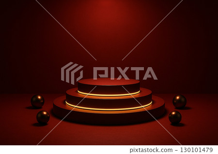 Minimalist deep red stage spotlighting a circular podium with glowing floor accents. Minimalist deep red stage spotlighting a circular podium with glowing floor accents. 130101479